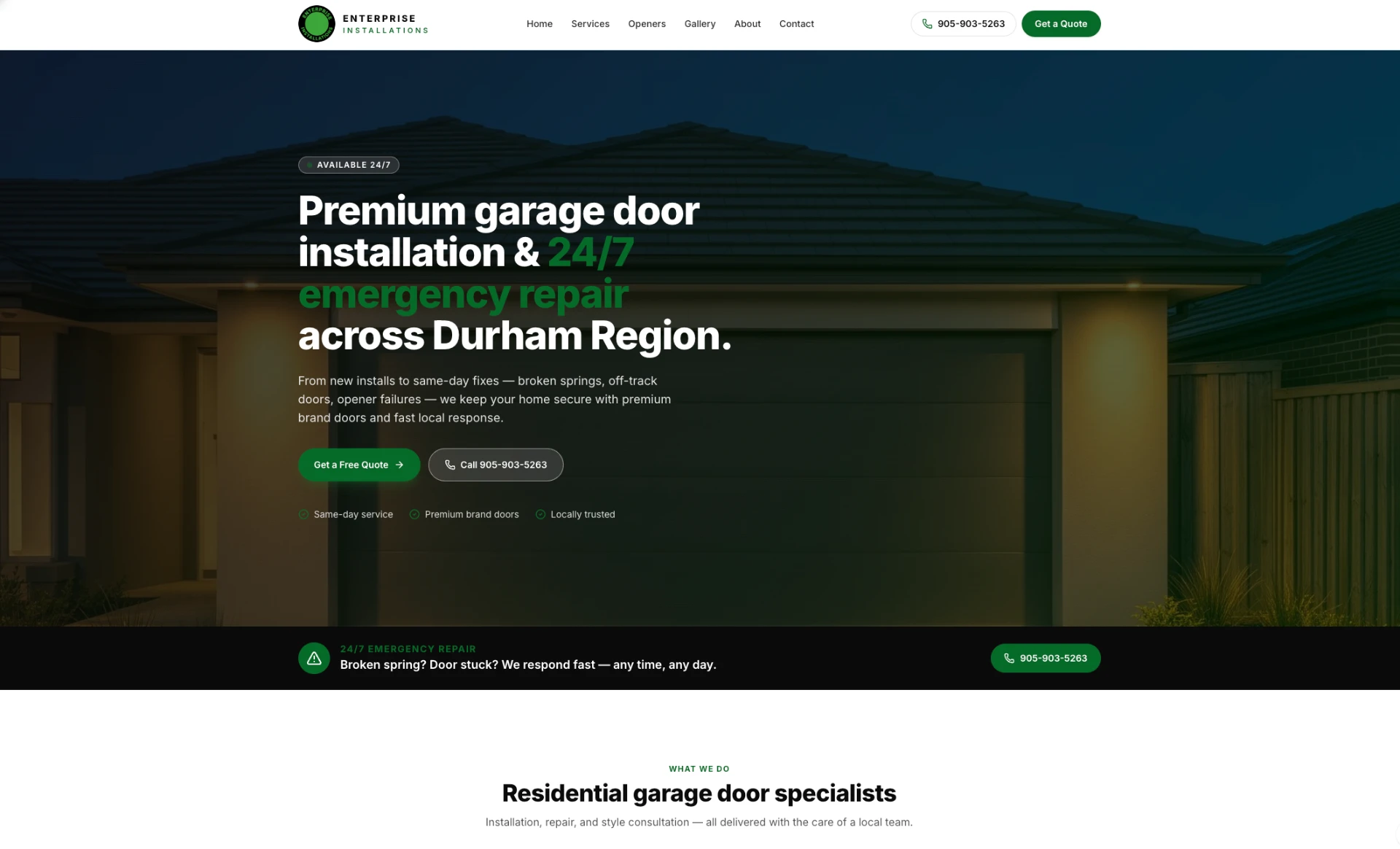 Enterprise Installations homepage advertising garage door installation and repair