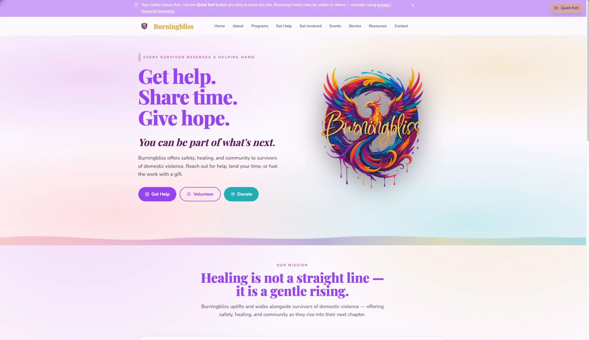 Burningbliss nonprofit homepage with hero message 'Get help, share time, give hope'