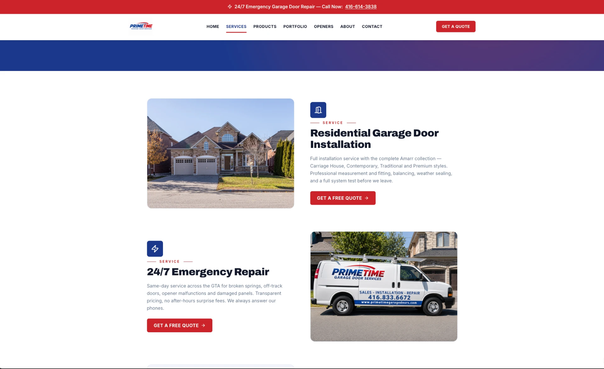 Prime Time Garage Door Services page listing installation and repair services