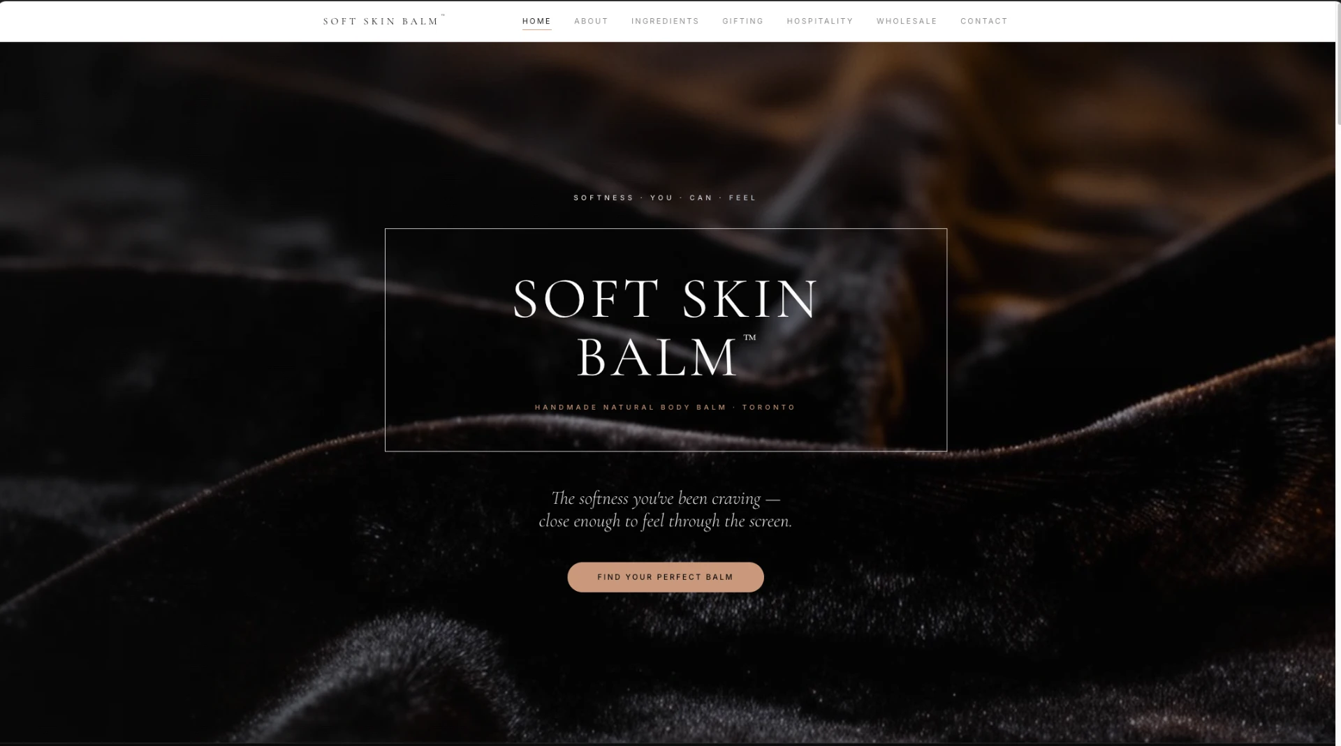 Soft Skin Balm homepage with dark moody hero and brand wordmark