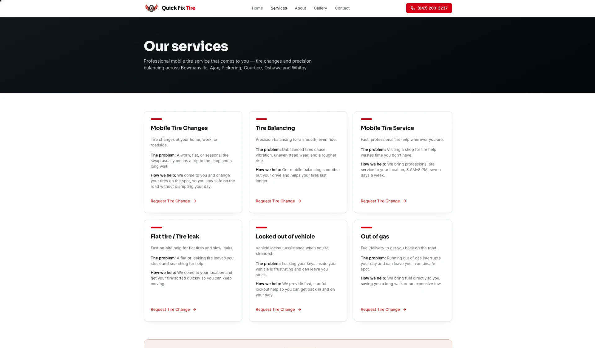 Quick Fix Tire services page listing mobile tire changes, balancing, and roadside assistance