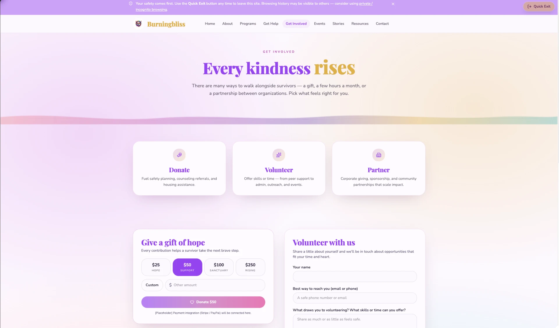 Burningbliss Get Involved page showing donate, volunteer, and partner options